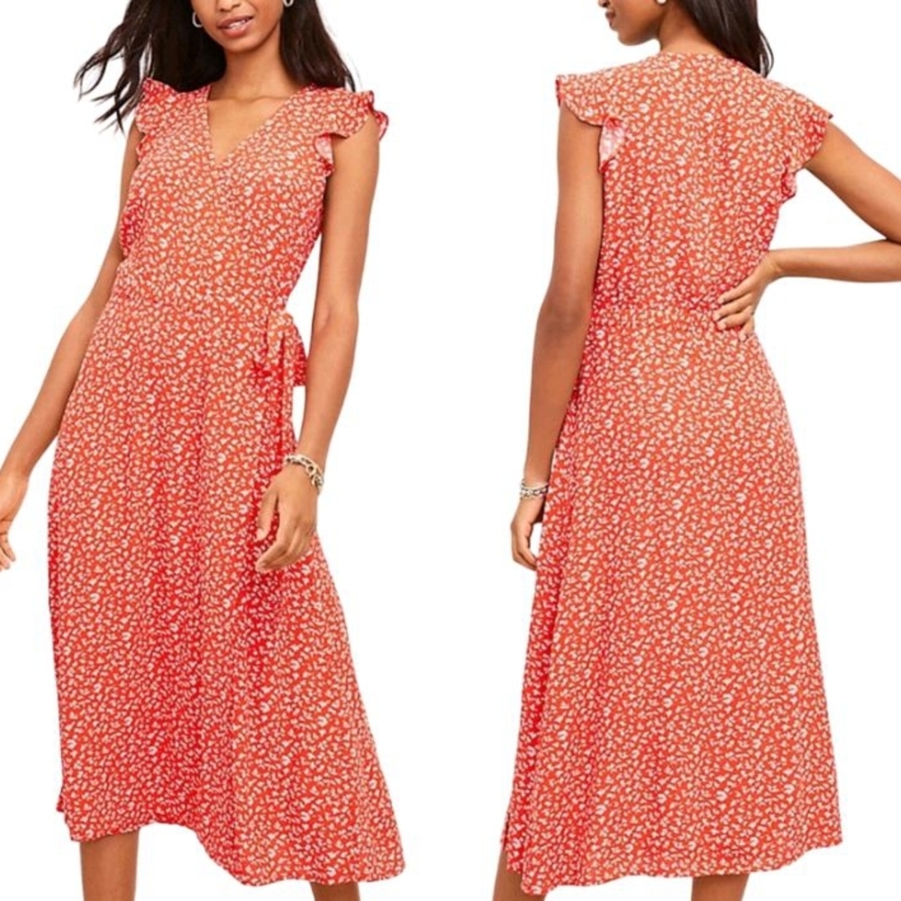 Loft Floral Ruffle Sleeve Wrap Midi Dress V-Neck Tomato Red 100% Rayon Size M